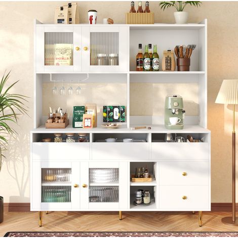Sideboard 145/39/171 cm in Weiß mit Glastüren und Weinregal (1/5)