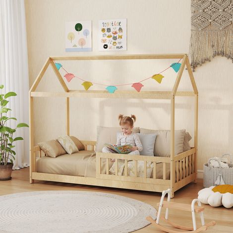 HOMCOM House-Shaped Kids Bed Frame Solid Pine Wood with Guard Rails, Natural