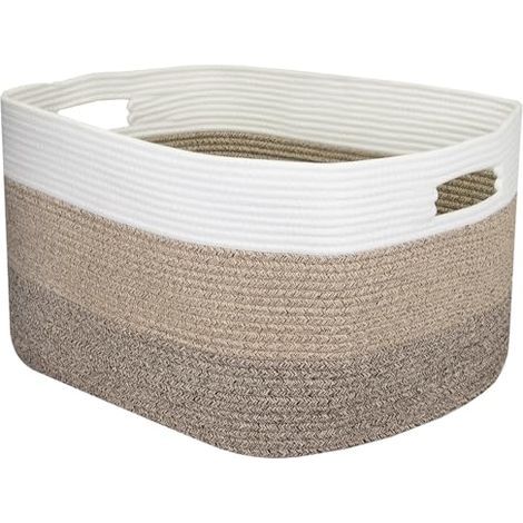 Panier à linge XXL en coton, carré avec poignées, 55 x 43 x 30 cm, blanc et marron (1/5)