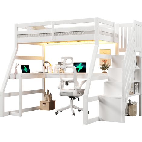 Lit mezzanine en bois 90x200 avec bureau, éclairage LED, port USB et escalier de rangement, blanc (1/5)