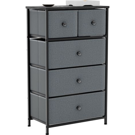 Chorley 5 Drawer Fabric Chest of Drawers Metal Frame Bedroom Living Room Storage, Grey-&-Black
