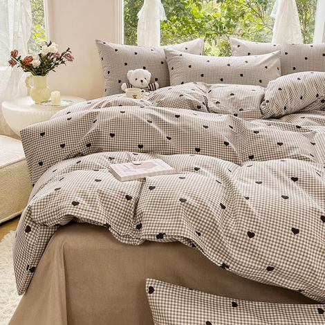 Housse de Couette 220x240 Adulte Coeur Plaid Marron Parure de lit (1/5)
