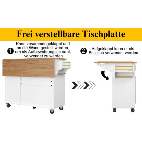 Îlot de cuisine (110×45 – 75×92 cm). Îlot de cuisine moderne. Meuble de cuisine, étaggere démontable. Meuble de rangement pour les plats. Table à manger multifonctionnelle, avec espace de stockage. Bl (1/5)