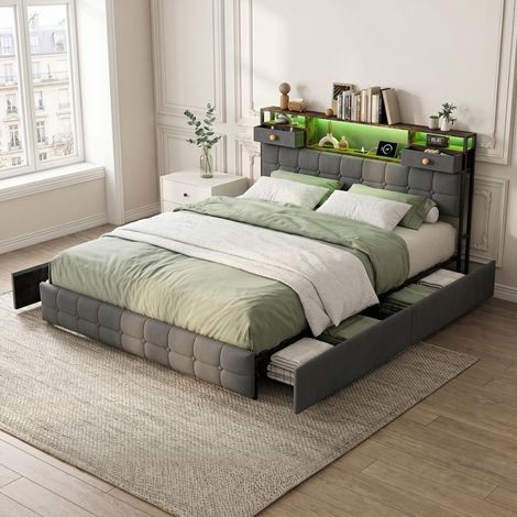 Bett 160x200 mit Stauraum - Kopfteil mit 2 Schubladen - USB und LED - 4 Schubladen - grauer Samt (1/5)