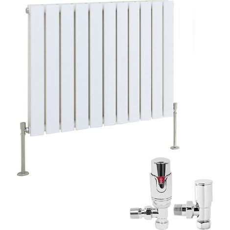 White Designer Flat Panel Radiator + Thermostatic TRV Radiator Valves Chrome Angled Horizontal 600x748mm Double