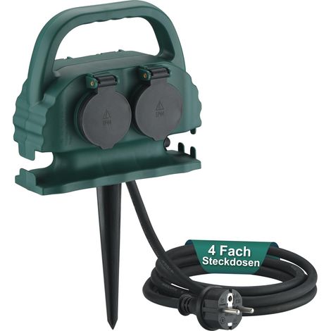 Multiprise de jardin 4 prises IP44 avec poignée de transport et piquet de terre, prise extérieure étanche avec câble en caoutchouc H07RN-F pour l'extérieur (10 m, vert) (1/5)
