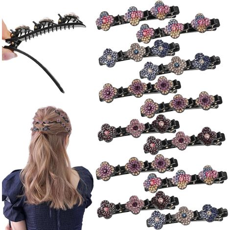 Set mit 12 Mini-Haarspangen mit Strasssteinen und Flechtmuster – Doppellagig – Mit Strasssteinen – Für Frauen und Mädchen (1/5)