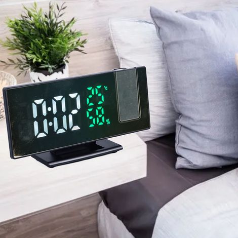 Réveil numérique multifonctionnel à projection LED 3718LW, fond noir, lettrage blanc et vert (1/5)