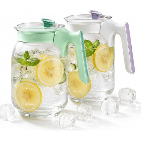 Carafe Eau Verre - Lot de 2 - Verre Quartz - Filtre Intégré - Cuisine Réfrigérateur - 1,8L Violet Vert (1/5)