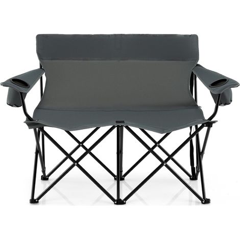 Chaise Pliante Camping à 2 Places, 132 x 66 x 96 cm, Charge 300 kg, Chaise de Jardin Exterieur, 2 Porte-Gobelets, Sac de Transport (Gris) (1/5)