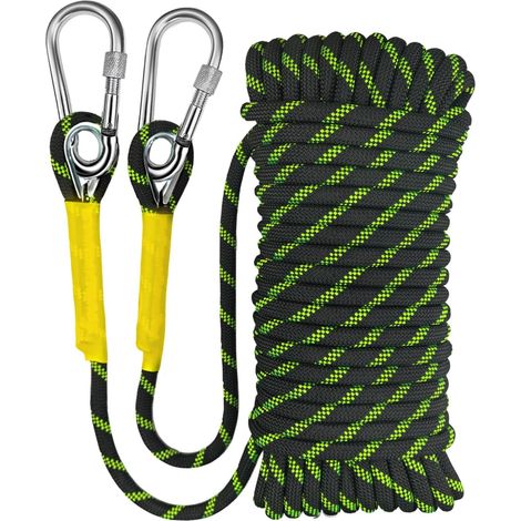 Corde d'escalade 10mm Corde Statique de Extérieure 40m Sauvetage d'incendie Corde de Tressée Nylon avec 2 Crochets en Acier pour Randonnée Escalade Extérieure Noir Fluorescent (1/5)