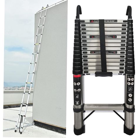 échelle télescopique en acier inoxydable de 4,4 m/14,5 pi avec barre stabilisatrice et crochet détachable, échelle pliante portable rétractable polyvalente, 15 marches, charge maximale de 150 kg (1/5)