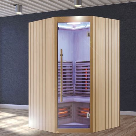 Boreal Sauna – Sauna infrarouge d'angle à spectre complet 2-3 personnes – 130x130x205 cm – 6 émetteurs 300W et 500W – Console digitale avec Bluetooth