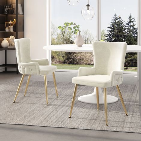 Lot de 2 chaises capitonnées 55x47x85 cm velours beige et métal doré (1/5)
