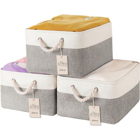 Lot de 3 paniers de rangement pliables avec poignées, petites boîtes de rangement en tissu pour bureau et maison, livres, vêtements, jouets (gris et blanc, taille S) (1/5)