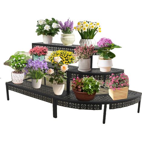 Soporte para plantas, diseño de 3 niveles, material de hierro, capacidad de carga de 15 kg por nivel, estructura escalonada, requiere montaje. (1/5)