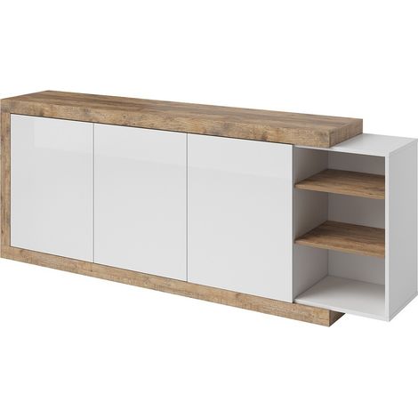 Buffet XL 220cm en tonos roble y blanco brillante con numerosos almacenamientos colección SINATRA. (1/5)