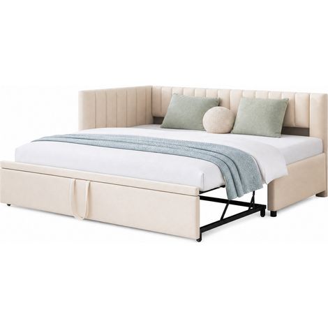 Canapé-lit 90x200 cm extensible 180x200, beige, velours, panneaux de bois, sans matelas - FLORAGRACE (1/5)