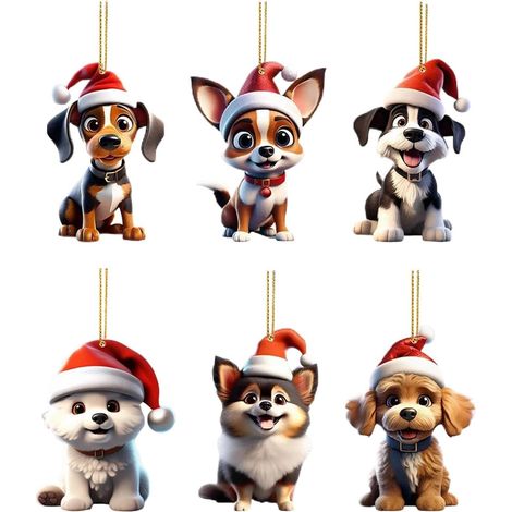 Décorations de Noël pour sapin de Noël : lot de 6 pendentifs chiots mignons en acrylique 2D (1/5)