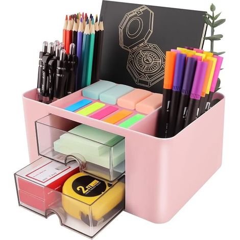 Desk Organizer, Multifunctional Office Storage, Plastic Desk Organizer with 5 Compartments and 2 Drawers for Home, School, Classroom (Pink) (1/5)