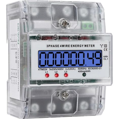 Compteur Electrique Triphasé 4 Fils, Compteur électrique Numérique 3x220/400V Compteur d'énergie Triphasé monté sur Rail DIN, LCD avec Rétroéclairage Bleu, pour Systèmes de Mesure de Puissance, 5(80)A (1/5)
