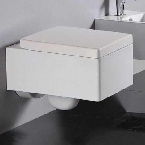 Rue Du Bain – Cuvette WC suspendu rectangulaire – Céramique blanche – Abattant durplastique avec frein de chute – Dimensions 52x39 cm – Design moderne (1/5)
