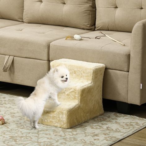 Escalier pliant pour animaux de compagnie - 3 marches - 46 x 35 x 35 cm - panneau de particules - couverture en peluche lavable - beige (1/4)