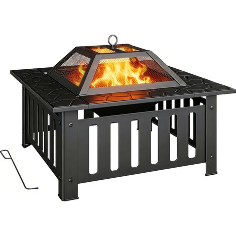 Brasero extérieur, en acier, noir, 67 x 67 x 47 cm, fenêtres en maille, avec couvercle, pour jardin terrasse, chauffage extérieur
