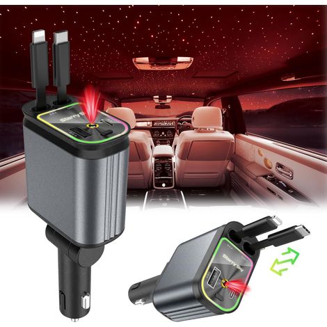 Cargador retráctil para coche con proyección de estrellas, cargador rápido para teléfono móvil 4 en 1 de 66 W, cable de carga USB para coche (C+L) para iPhone/Samsung Galaxy/Huawei/Tablet