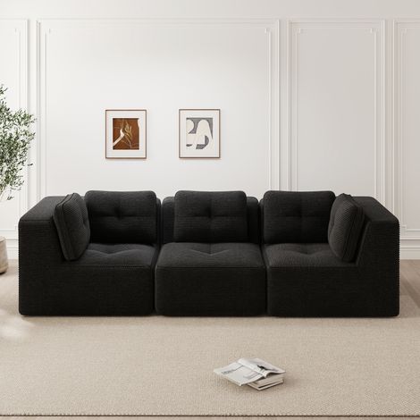 Sofá de esquina modular negro en pana con asiento profundo y sin montaje (1/5)