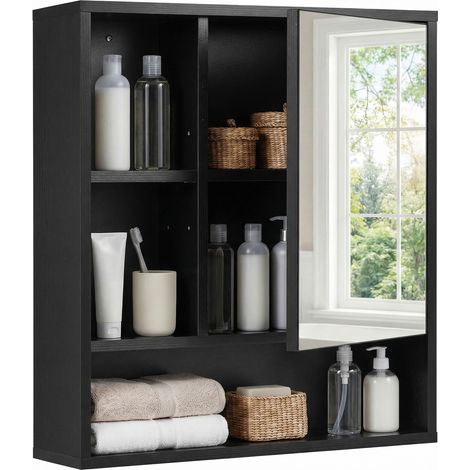 Armoire Murale Salle de Bain avec Miroir, 55 x 61 cm, Armoire de Toilette avec Étagère Réglable, 3 Compartiments Ouverts, Noir (1/5)