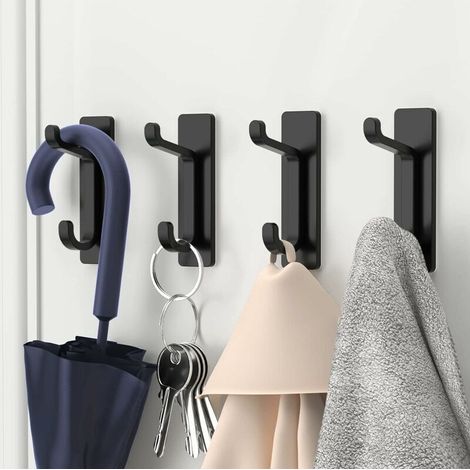 Self-Adhesive Wall Hooks, Black, 4 Pack, Towel Hooks for Bathroom and Kitchen, Self-Adhesive Coat Hooks, Wall Mounted, No Drilling Required, Waterproof. (1/5)