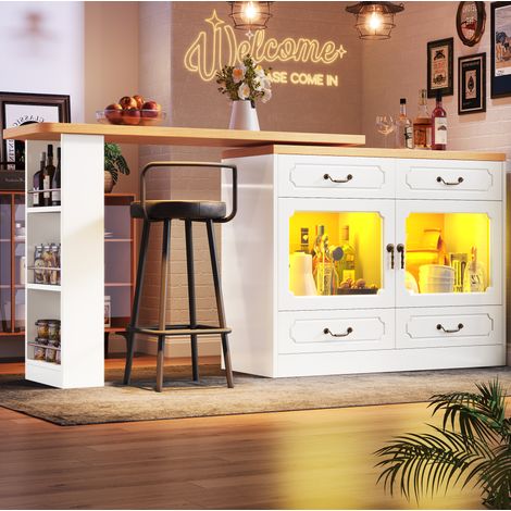 Table de bar extensible pivotante à 360° 135-203x39x92,8 cm avec LED et 4 tiroirs, naturel et blanc (1/5)