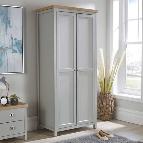 Wardrobe Grey Oak 2 Door Wooden Hanging Rail Storage Shelves Avon 36mm Top (1/5)