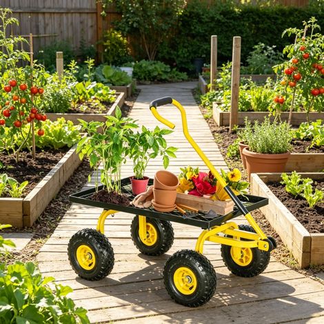 Chariot de jardin, brouette à 4 roues, 94 x 48,5 x 100 cm, charge maximale 150 kg (1/5)