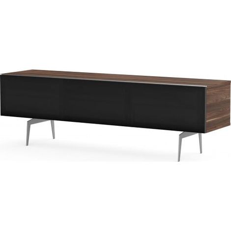 Meuble TV tissu acoustique noir et bois foncé pieds métal Darwin 160 cm (1/5)