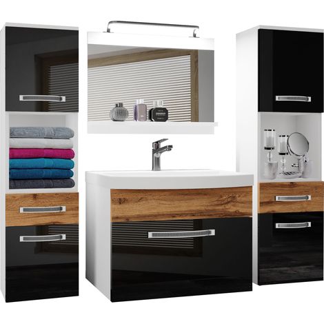 BELINI Meuble de Salle de Bain Lavabo Inclus, Meuble sous-Vasque, Miroir et 2X Cabinet Largeur: 140 cm Kit d'éclairage Inclus Couleur : Noir très Brillant/chêne wotan (1/5)
