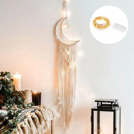 Attrape-rêves lumineux - Décoration murale - Attrape-rêves lune - Décoration murale bohème en macramé - Décoration murale pour chambre d'enfant - Cadeau de naissance (1/4)