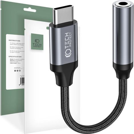 Adaptador Tech-Protec UltraBoost de USB-C a minijack de 3,5 mm, color negro.