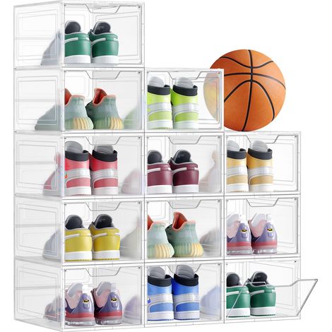 Boîtes à Chaussures, Lot de 12, avec Porte, Rangement de Chaussure en Plastique, Empilable, Montage Facile, 34 x 25 x 18,4 cm, Jusqu'à la Pointure 44, Blanc Transparent LSP032W12V1 (1/5)