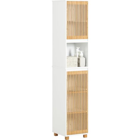 Sobuy – Meuble colonne de salle de bain BZR127W – Étagère étroite 2 portes – Dimensions L33 x P33 x H165 cm – Matériaux MDF et bambou (1/5)