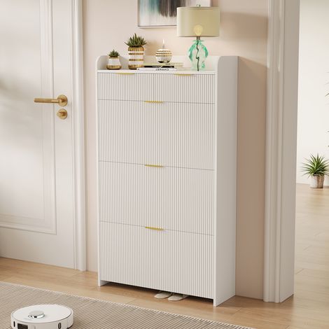 BLANKETSWARM - Meuble à chaussures 133.5 cm avec 3 tiroirs rabattables, Meuble de Rangement à Chaussures, Rangement Chaussures en Bois, Poignées dorés, Blanc (1/5)
