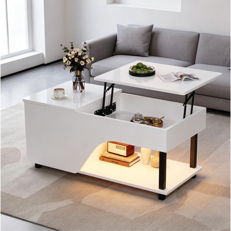 Mesa de centro 100x50x46-60 cm blanca de tablero de partículas con LED, elevable y con almacenaje (1/5)