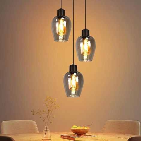 GBLY Hängelampe Schwarz Pendelleuchte 3 Flammig Vintage E27 Rauchglas Für Esszimmer Schlafzimmer Wohnzimmer Ohne Lichtquelle
