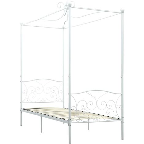 Lit à baldaquin Lit adulte pour 1 personnes, Structure de lit, Assemblage Facile, Blanc Métal 100 x 200 cm OIB1337E (1/5)