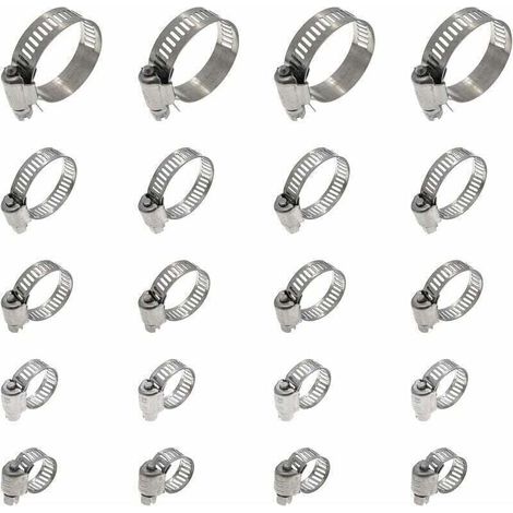 20 Pièces Collier De Serrage Tuyau, XU, Collier De Serrage Tuyau Réglable 16-25mm, 304 Collier De Serrage Inox, Collier Serrage Métallique - KZQ (1/4)
