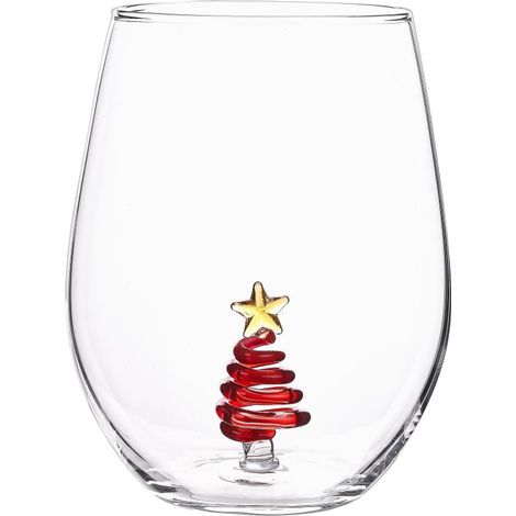 BICCHIERE IN VETRO CON ALBERO DI NATALE DECORATIVO PER TAVOLA E REGALO D9.2X12
