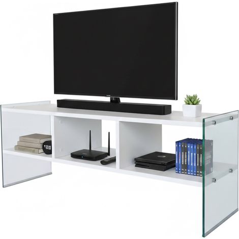Dmora - Fernsehschrank Dbennace, Ständer für Wohnzimmerfernseher, Niedriges Wohnzimmer-Sideboard, TV-Ständerbasis, 120x35h45 cm, Weiß