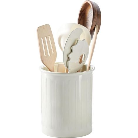 Blanc Pot a Ustensile de Cuisine en Ceramique, 13,4 x 11 cm Porte Ustensiles Cuisine, Relief Porte Couverts pour Organisation, Tables de Bar, Surface émaillée Brillante (1/5)