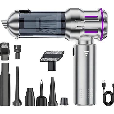 Handstaubsauger – Autostaubsauger 16.000 Pa, 100 W – USB-aufladbar – 3 Geschwindigkeitsstufen – Mehrere Düsen – Silber (1/5)